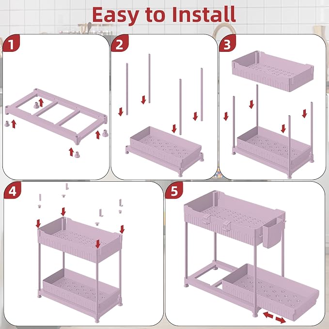 4-Pack 2-Tier Under Sink Organizer with Pull Out Drawers | Multi-use kitchen & bathroom storage. Includes hanging hooks and cups. Pink, space-saving cabinet design. 14.8 Inch