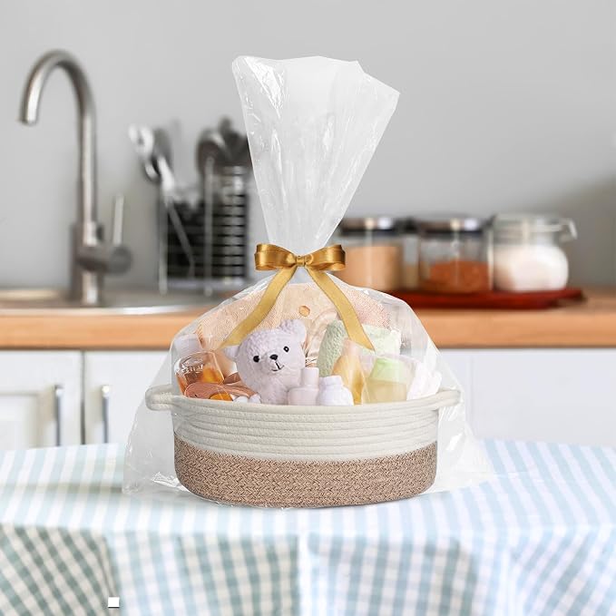 Woven Cotton Rope Gift Basket, Small Baskets for Gifts Empty, Cute Baby Nursery Basket, Pet Toy Storage Bin for Dog Cat, Decorative Wicker Home Organizer with Handles, 12"x 8"x 5", Brown