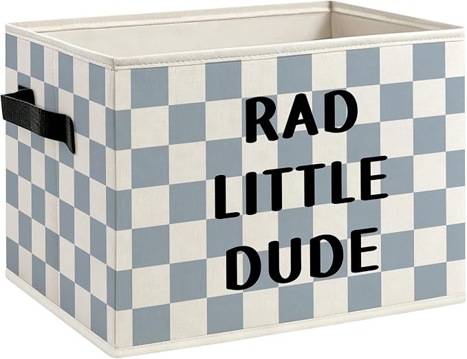 Boy Nursery Rad Little Dude Foldable Storage Bins Box with Handles, Blue and White Checkered Decorative Storage Boxes Baskets Organizer for Boys Nursery Bedroom Playroom Bathroom