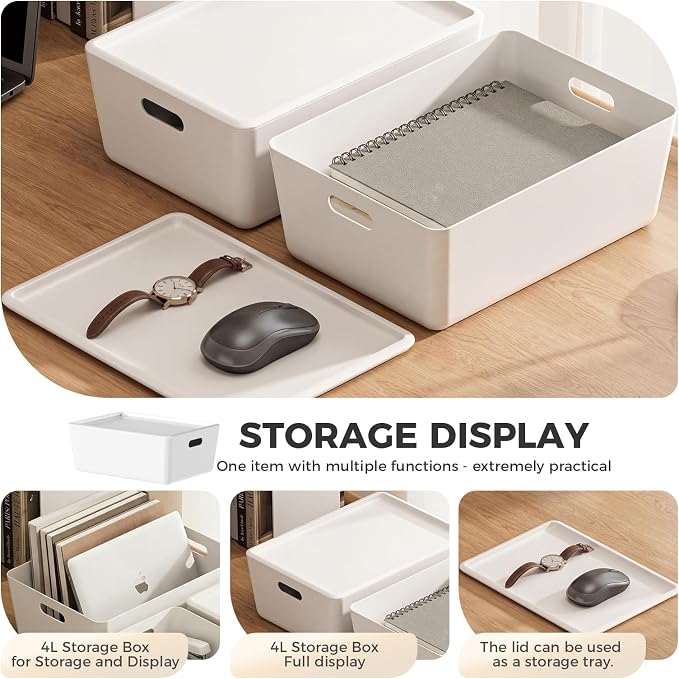 6 Pack Large White Storage Bins with Lids, PET Plastic Pantry Organizers and Storage Containers for Kitchen, Fridge, Bathroom, Office
