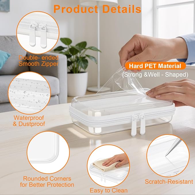 3PCS Clear Hard Shell Zipper Case,7.1*4*2 IN,Travel Makeup Bags,Jewelry Box | Clear Zipper Pouches,Crush-Proof Waterproof Cosmetic Toiletry Bag for Travel,Daily Essentials,Home Storage Small items