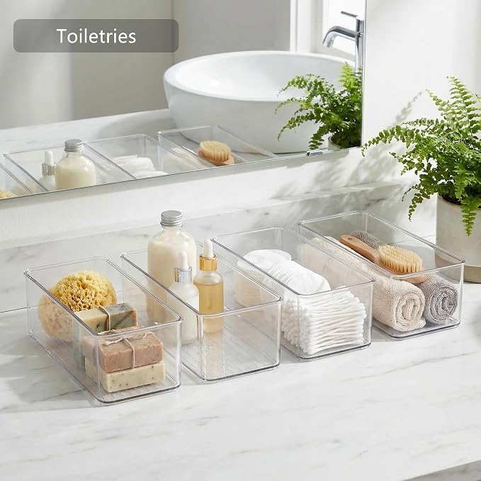 Qilinba 8 PACK Drawer Organizers Deep Drawer Organizer Bins | Clear Silverware Organizer, Stackable Storage Bins for Bathroom, Pantry, Office, Vanity, Desk