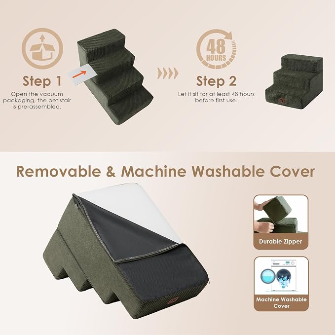 EHEYCIGA Dog Stairs for Small Dogs 13.5" H, 3-Step Dog Steps for Cats, Military Green