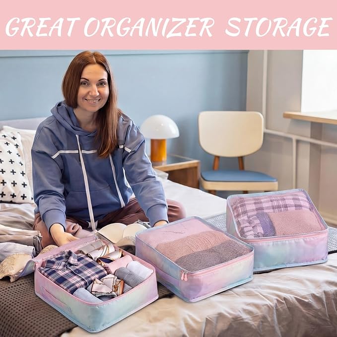 Silkfly 8 Pcs XL Packing Cube for Travel Luggage,Simple,Pastel | 17.7 x 13 x 4.7, Same Size, Pastel Suitcase Storage Organizer Set, Reusable Mesh Clothes Cube for Hike Camp Family Accessory