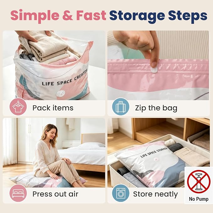 2PCS No Pump Vacuum Storage Bags, No Pump Large Vacuum Storage Compression Bags, Thick Airtight Reusable Organizer for Clothes Comforters Travel Moving Closet Storage (M+L)