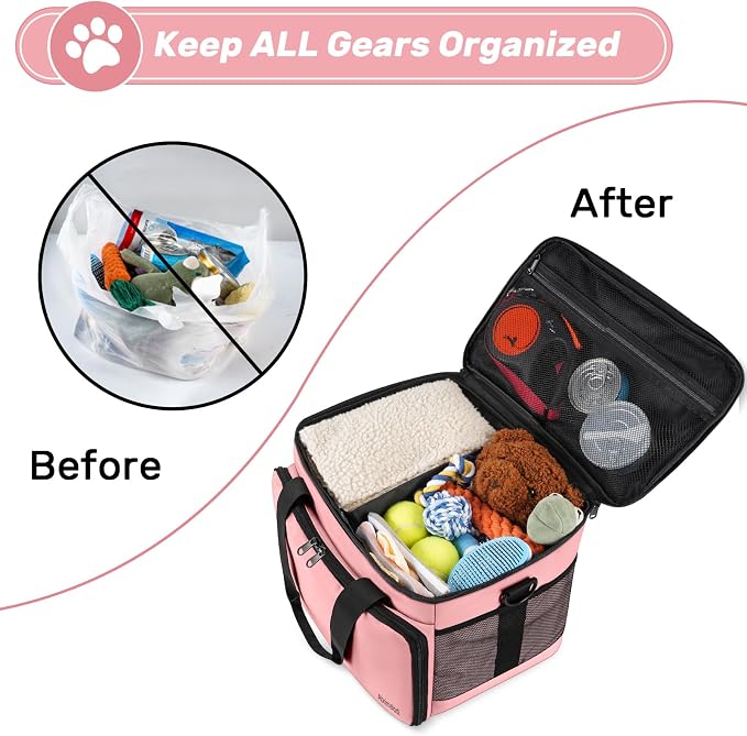 6 Set Dog Travel Bag, Large Pet Travel Kit for Supplies, Pink | Includes 2 Food Containers, 1 Pet Organizer for Dogs, 2 Collapsible Bowls, 1 Treat Pouch, Dog Weekend Overnight Bag Luggage