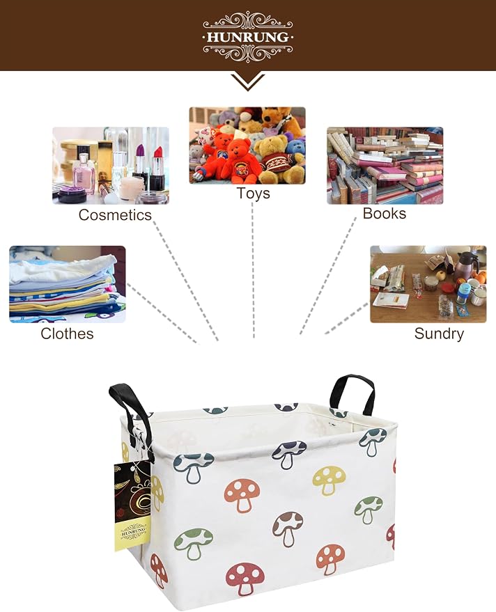 Rectangle Canvas Foldable Storage Basket for Nursery, Color Mushroom | Portable and collapsible cloth receptacle. Stores pet essentials, daily use items. Folds flat when not in use
