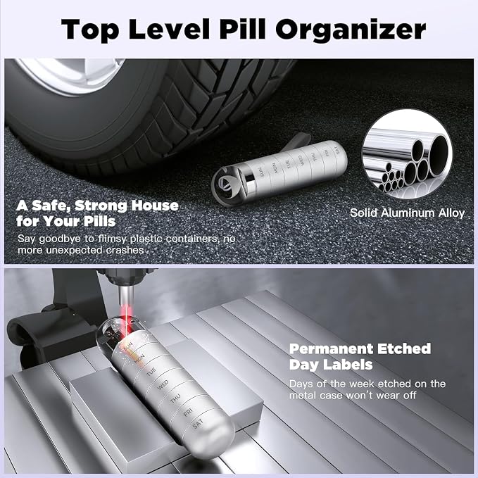 Zannaki Metal Travel Pill Organizer, Portable Waterproof Weekly Pill Box, Large Aluminum Alloy Pill Case Container, BPA Free 7 Day Daily Medicine Organizer Holder for Vitamin, Fish Oil, Supplement