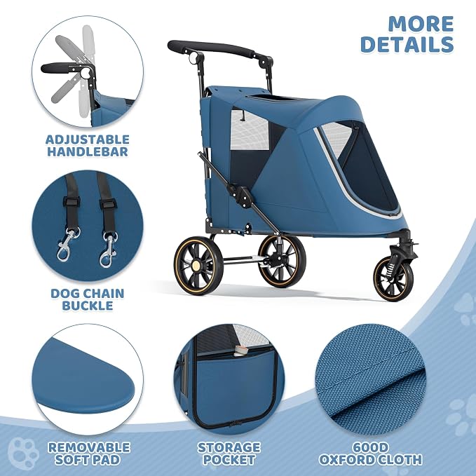 Magshion Pet Stroller for Medium Large Dog, 3-Wheel Foldable Jogger, Navy | All-Terrain with Adjustable Handle, Dual Entry, Rear Storage, Breathable Mesh, One-Foot Brake, Up to 55 lbs