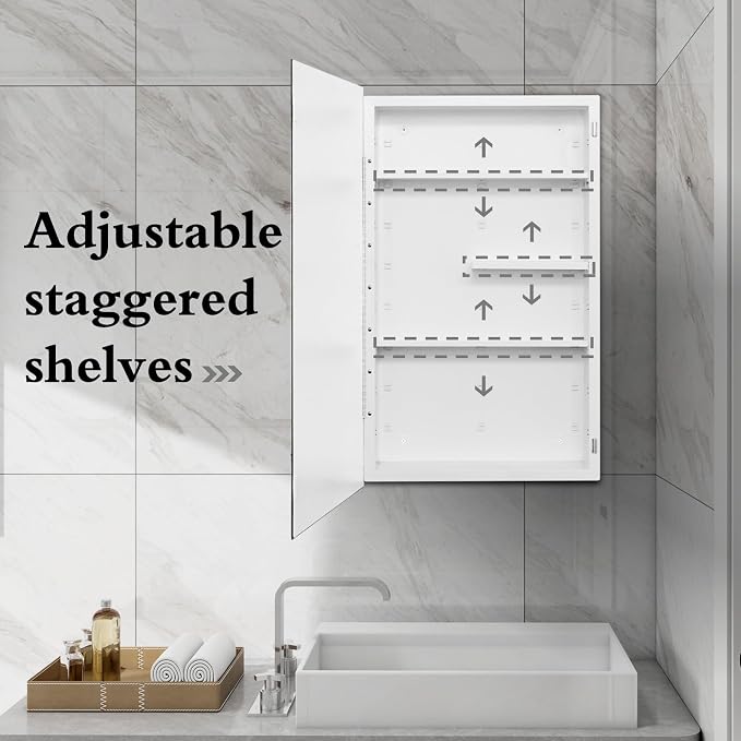 White Metal Medicine Cabinet, 18 x 30 Beveled Mirror, Surface Mount Storage | 18 x 30 Mirrored Medicine Cabinet with Adjustable Staggered Shelves, Piano Hinge, Left/Right Swing, Preassembled, Matte White