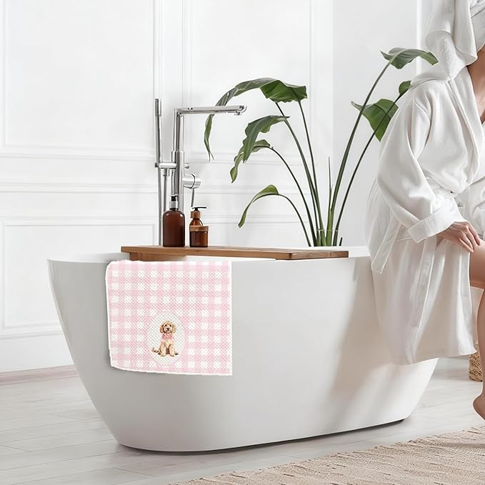 Pink Plaid Cockapoo Kitchen Towels 16x24 Inch, Cockapoo Lovers Gifts Decorative Hand Towels for Bathroom, Pink Checkered Dog Dish Tea Towel Drying Cloth