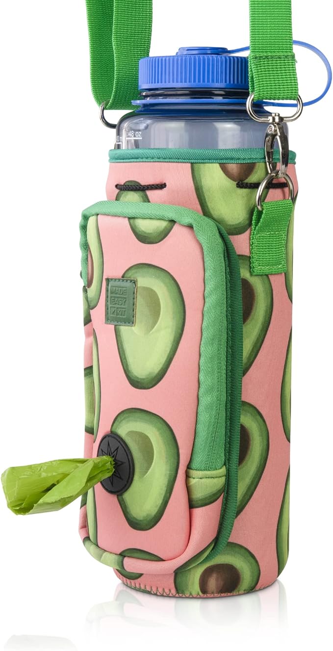 Made Easy Kit Water Bottle Carrier with Pocket for Dog Poop Waste Bags and Adjustable Padded Shoulder Strap (Tall & Large (40oz) with Bowl, Green/Pink, Avocado)