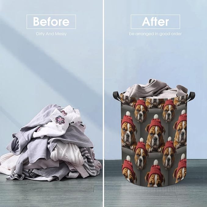 Large Foldable Laundry Basket English Bulldog Puppy Dog, Waterproof Hamper with Handles for Clothes, Toys, and Towel Organization at Home