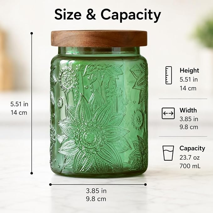 Vintage 23.7 oz Green Sunflower Embossed Glass Jar with Airtight Wooden Lid | Coffee Canister, Tea Container, Sugar Holder, Cookie Keeper, Candy Storage, Pantry Organizer, Kitchen Decor, Bath Salt Holder