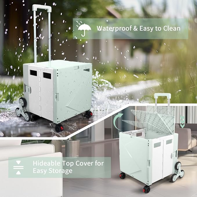 76L Folding Utility Cart Portable Rolling Crate Handcart Shopping Collapsible Tool Box with Stair Climbing Wheels,Hidden Lid,2 Rotate Wheels,for Grocery,Shopping,Office,Storage(Green White)