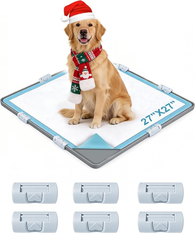 Dog Pee Pad Holder with 6 Clips, 27x27 Inch Silicone Puppy Pad Tray, Raised Edge Leak-Proof No Spill Mat for Dog Training Pads, Non-Slip Potty Holder for Indoor Floor Protection, Gray