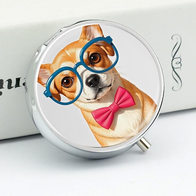 Pet Dog Soft Bow Tie, Oversized Glasses Pill Case with 3 Compartment Portable Daily Pill Organizer for Pocket Purse Round Travel Pill Box Fish Oil and Supplement Storage Box