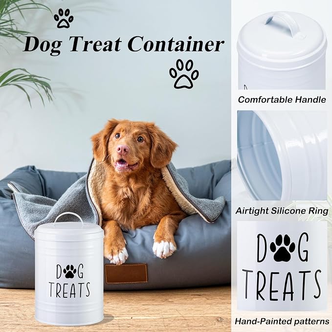 Dog Treat Container Airtight, 9.1''Hx5.5''W, 10 Cup Capacity (White) | Airtight Lid Keep Food Fresh,Large Capacity Dog Treat Jar Suitable All Popular Treats,Dent-Resistant Durable Metal Cookie Jar