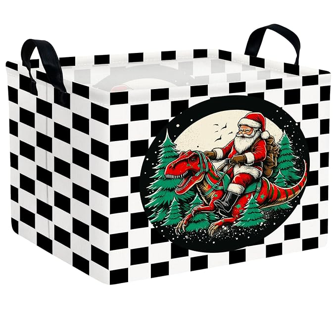 Empty Large Christmas Basket for Gifts Women Collapsible Storage Bin Kids Toy Box Holiday Décor (Checkered Dinosaur)