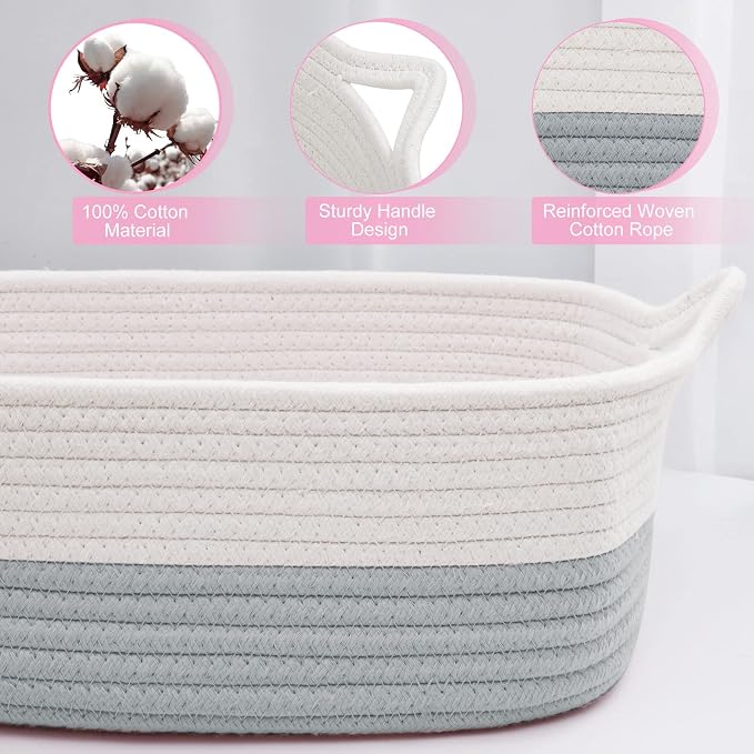 ABenkle Small Storage Basket with Handles, Cotton Rope Woven Dog Cat Toy Bin, Decorative Shelves Closet Organizing for Nursery Laundry Bedroom Bathroom, 14.2''x 11''x 5.1''