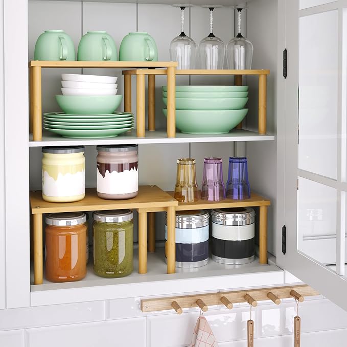 VERTORGAN 2 Pack Cabinet Organizer Shelf,Bamboo Countertop(Medium,Natural) | Kitchen Counter Shelves,Spice Rack Countertop and Cabinet,Cabinet Storage,Counter Organizer,Stackable Shelves