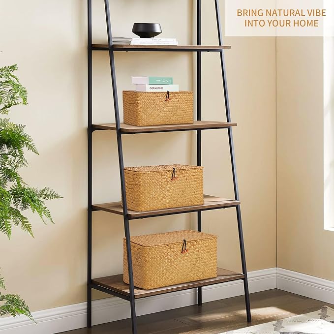 FEILANDUO Wicker Shelf Basket with Lids, Seagrass Storage Baskets Bins Rectangular Woven Baskets Boxes for Organizing Multipurpose Container Boho Home Decor Large Set of 3