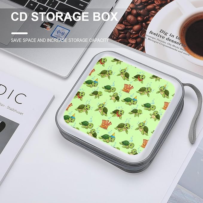 Portable Hard Shell DVD Storage Cute Sea Turtles Themed Green, 40-Disc Binder with Carry Strap, Protective Case for Movies Music Travel
