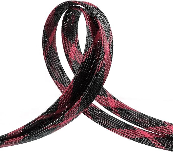 Braided Cable Sleeve, 33ft Expandable Wire Loom for Automotive Wiring Harness & PC Case, Pet-Proof Chew Resistant Cord Protector, Flexible Cable Management (Black-Pink, 10mm (3/8"))