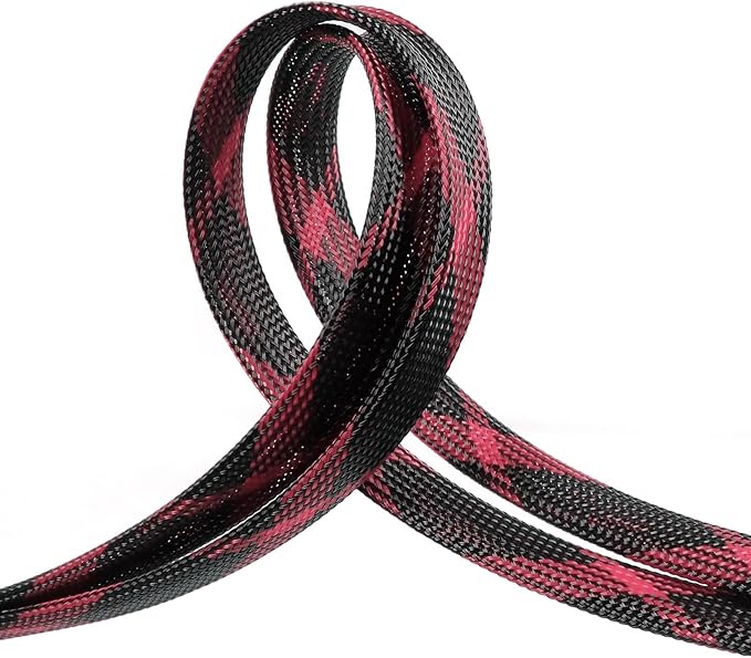 Braided Cable Sleeve, 33ft Expandable Wire Loom for Automotive Wiring Harness & PC Case, Pet-Proof Chew Resistant Cord Protector, Flexible Cable Management (Black-Pink, 6mm (1/4"))