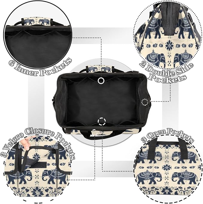 Elephant Heavy Duty Tool Bag 14.8 Inch Animal Print Portable Soft Tool Box Organizer Storage with Adjustable Shoulder Strap