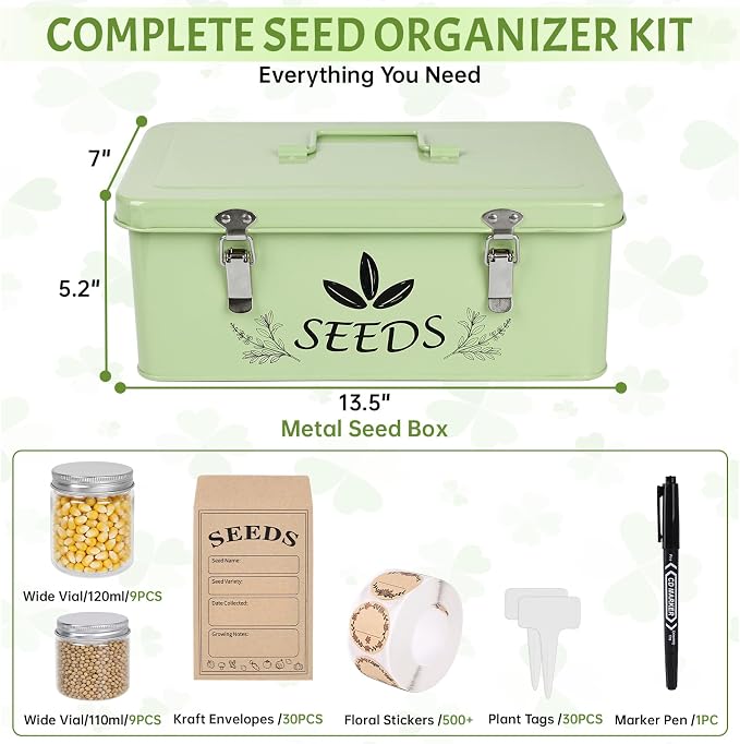 Spring Seed Storage Organizer | 3-Compartment Metal Seed Box with Locking Lid | 18 Wide-Mouth PET Vials, 30 Envelopes, 500+ Labels | Portable Seed Bank & Gift (Mint Green)
