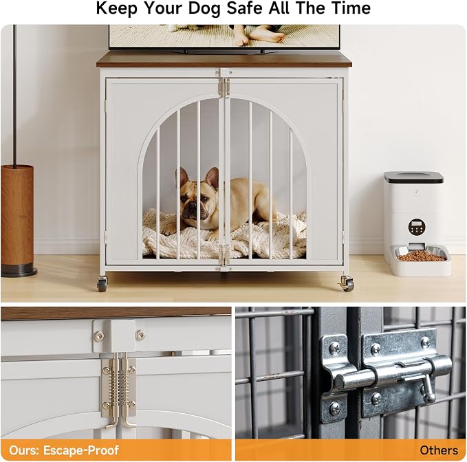ONBRILL 31" Heavy Duty Foldable Dog Crate Furniture, Small Dogs, White | Fold it away when needed, while removable wheels and spring locks make everyday use more convenient