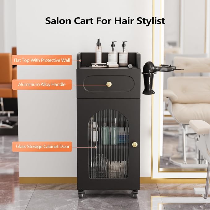 Salon Cart with Wheels & Adjustable Shelf, Black 3-Tier Rolling Beauty Trolley for Hair Stylist, Barber, Esthetician, Storage Cabinet w/Glass Door & Hair Dryer Holder, Mobile Station for Spa, Tattoo