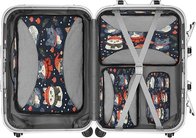 Packing Cubes for Travel, Woodland Holly Christmas Holiday Travel Luggage Packing Organizers for Women Men, Large Custom Toiletries Bag for Cosmetics Toiletries, Cute Cat