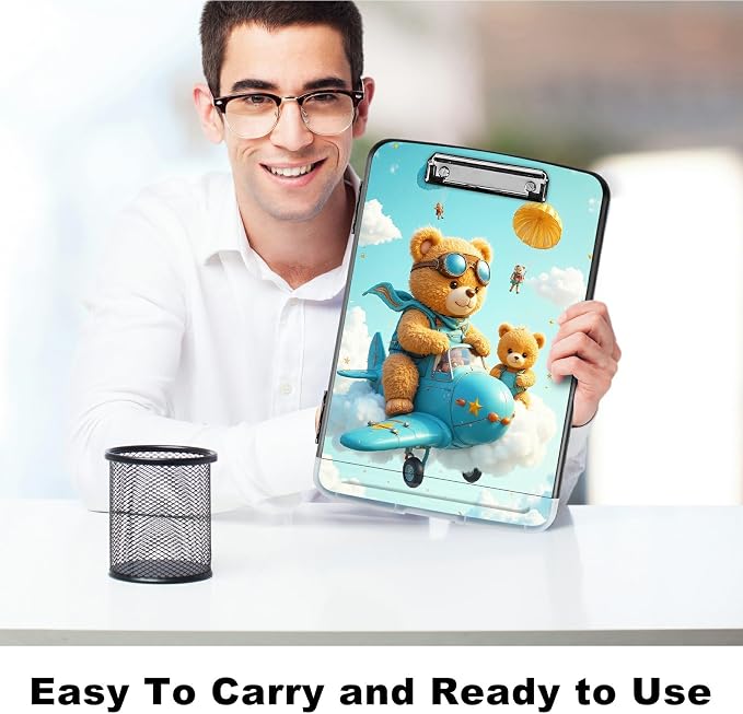 A4 Clipboard with Storage Pen Holder, Clipboards Organizer Nursing Clipboard Foldable File Folder Plastic Clipboard Folio Clip Board for Office Work Classroom Doctor, Airplane Bear
