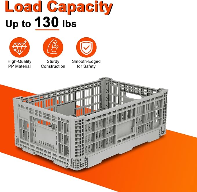 52L Collapsible Crate with Handles, Milk Crates Heavy Duty, | Hold 130 lbs Per Bin, Large Plastic Crate for Storage Items, Camping, Toy, Gardening & Trunk