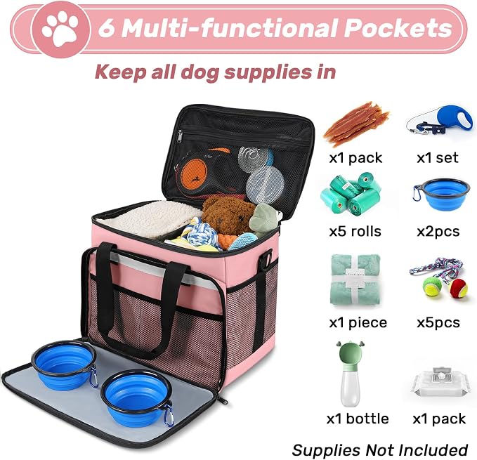 6 Set Dog Travel Bag, Large Pet Travel Kit for Supplies, Pink | Includes 2 Food Containers, 1 Pet Organizer for Dogs, 2 Collapsible Bowls, 1 Treat Pouch, Dog Weekend Overnight Bag Luggage