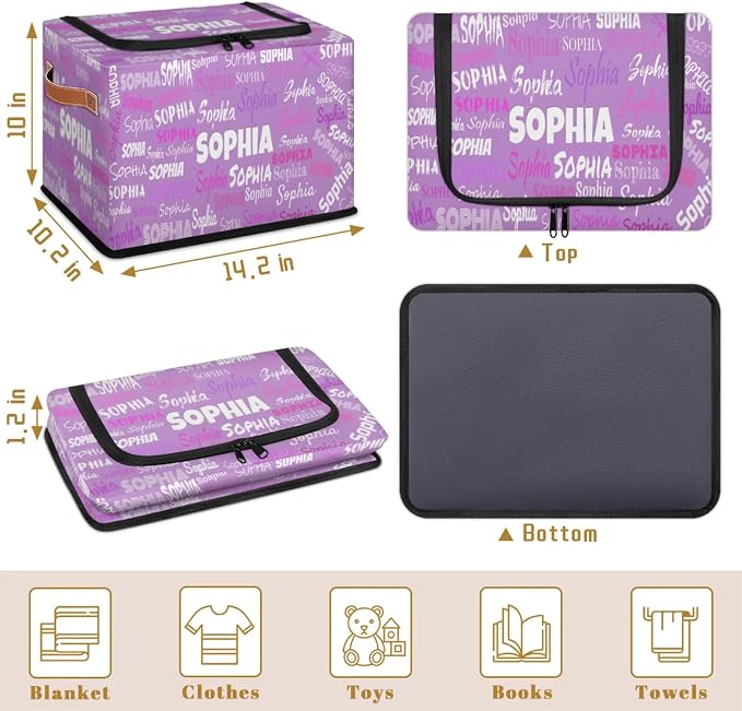 Personalized Storage Basket with Name, Lavender Purple Rectangle Toys Storage Bin with Handles Zipper Lid for Baby, Boys, Girls, Collapsible Basket for Clothes, Books