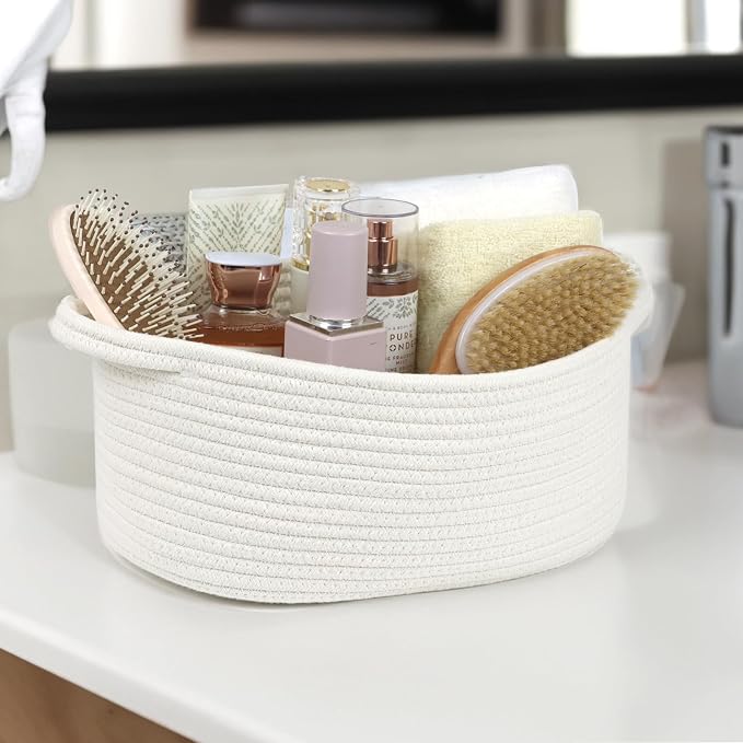 Woven Cotton Rope Storage Basket with Handle, White, 13 Inch | Empty Gift Basket, Bathroom and Closet Organizer, Nursery Toy Storage, Decorative Boho Basket, Shelf Storage Bin