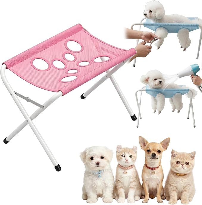 Pet Bathing Hammock, Foldable 8-Hole Grooming Stand for Small Pets (Pink) | Easier Pet Bathing, Less Scratches and Bites, Sturdy Frame Quick-Dry Mesh, Ideal for Dogs & Cats, Nail Trimming and Grooming