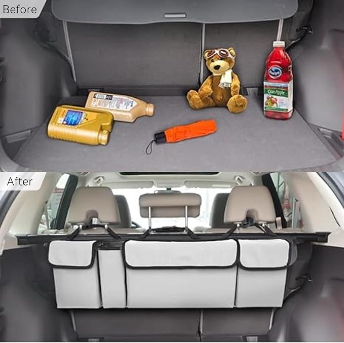 Car Trunk Organizer, Backseat Hanging Large Storage with Adjustable Straps,Waterproof PVC Collapsible Cargo Bag, Car Interior Accessories for Auto SUV MPV (White)
