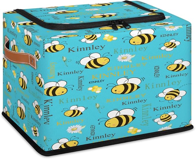 Personalized Storage Basket with Name, Cartoon Bee with Daisy Rectangle Toys Storage Bin with Zipper Lid for Baby, Boys, Girls, Collapsible Basket for Clothes, Books, Aqua Blue Background
