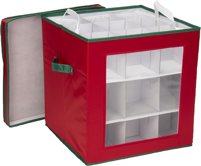 Household Essentials 27‑Piece Ornament Storage Box with Clear Front Panel and Adjustable Dividers, Red and Green
