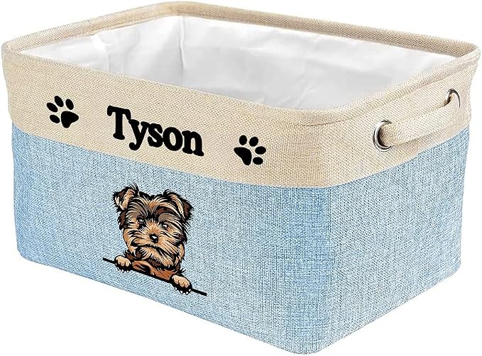 Personalized Fabric Dog Toy Storage Basket with Cute Dog Yorkie Collapsible Sturdy Fabric Pet Toys Storage Bin Cube with Handles for Organizing, Blue amd White