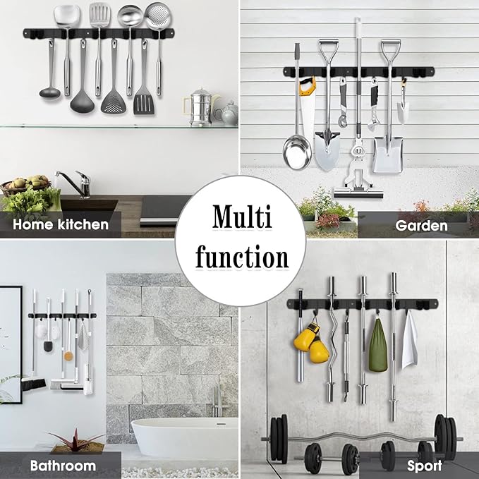 2 Pack Black Broom Holder Wall Mount, 5 Racks 4 Hooks Mop and Broom Holder | Mop Holder Wall Mount and Broom Hanger for Garage, Laundry Room, Kitchen and Utility Storage