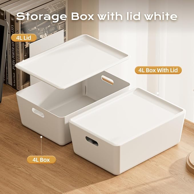 6 Pack Large White Storage Bins with Lids, PET Plastic Pantry Organizers and Storage Containers for Kitchen, Fridge, Bathroom, Office