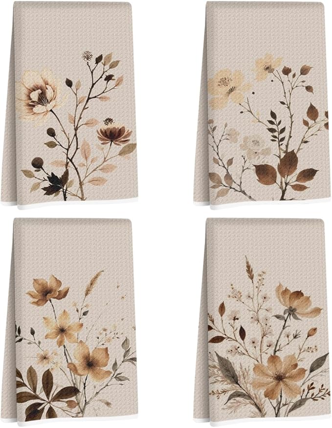 4 Pcs Artistic Flower Kitchen Towels, Vintage Decorative Absorbent Microfiber Dish Cloth Tea Towel, Aesthetic Waffle Soft Hand Towels for Farmhouse Home Bathroom Kitchen Decor, Housewarming Gifts