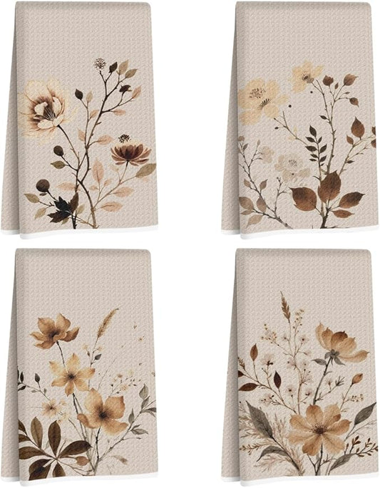 4 Pcs Artistic Flower Kitchen Towels, Vintage Decorative Absorbent Microfiber Dish Cloth Tea Towel, Aesthetic Waffle Soft Hand Towels for Farmhouse Home Bathroom Kitchen Decor, Housewarming Gifts