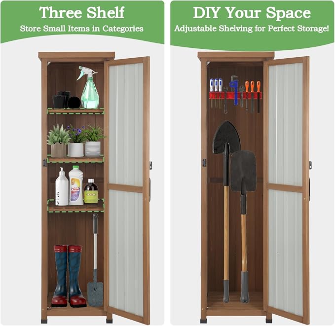 62" H Tall Narrow Outdoor Storage Cabinet with Metal Top, Outdoor Shed Storage Unit Waterproof with Adjustable Shelves for Garden, Patio, Living Room, or Entryway Storage, Black