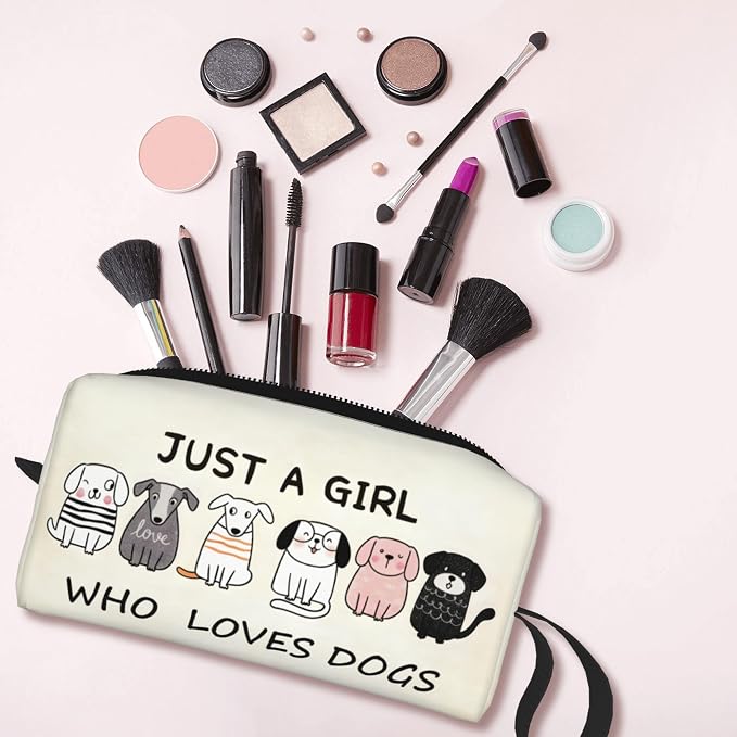 Cute Dog Lover Girl Makeup Bag for Women with Wrist Strap | Durable 600D Oxford Fabric Cosmetic Organizer,Compact Travel Pouch with Handle for Gym & Daily Use
